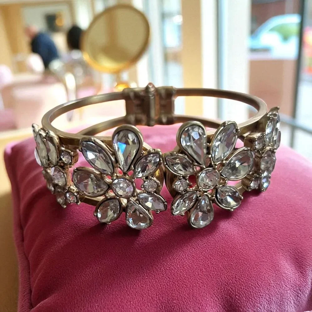 Gold Tone Floral Crystal Hinged Bracelet Rhinestone Flower Cluster Cuff - Picture 1 of 9